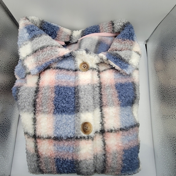 Berkley Jensen Women's Plaid Button-up XL Coat Blue Cream Pink Fuzzy Pockets - Picture 11 of 11